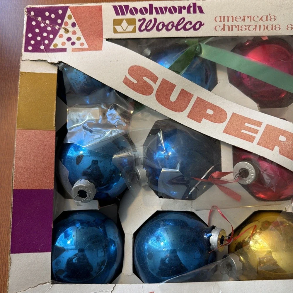 Vtg MCM Woolworth Woolco Multi Colored Glass Ornaments 15 In Box